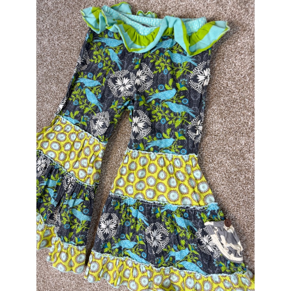 Mustard Pie Toddler Girls 3T Pants Tiered Ruffle Bell Bottom Blue Floral MJ